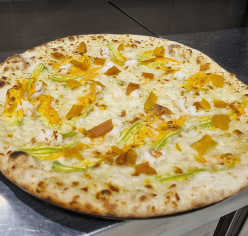 Bianca con fiori di zucca,gamberi e bottarga 